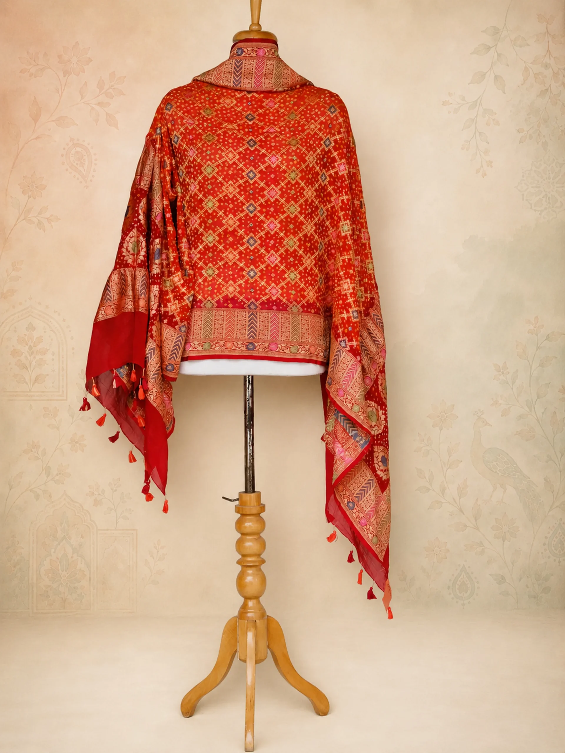 Kesar Bagh - Deep Vermilion & Rust Heavy Chiffon Georgette Luxury Dupatta