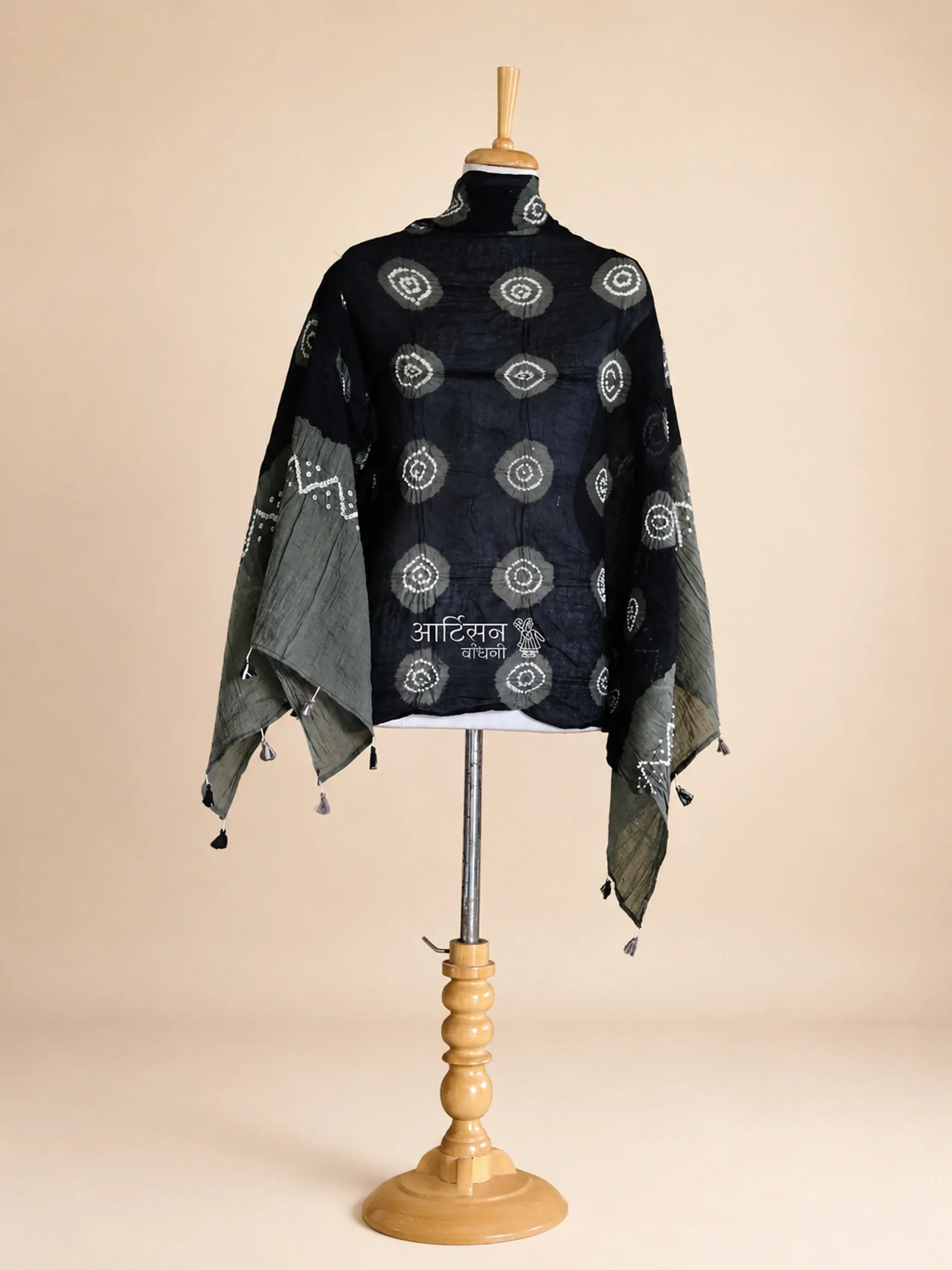 Traditional Handmade Pure Cotton Bandhani Dupatta – Black Grey Edition