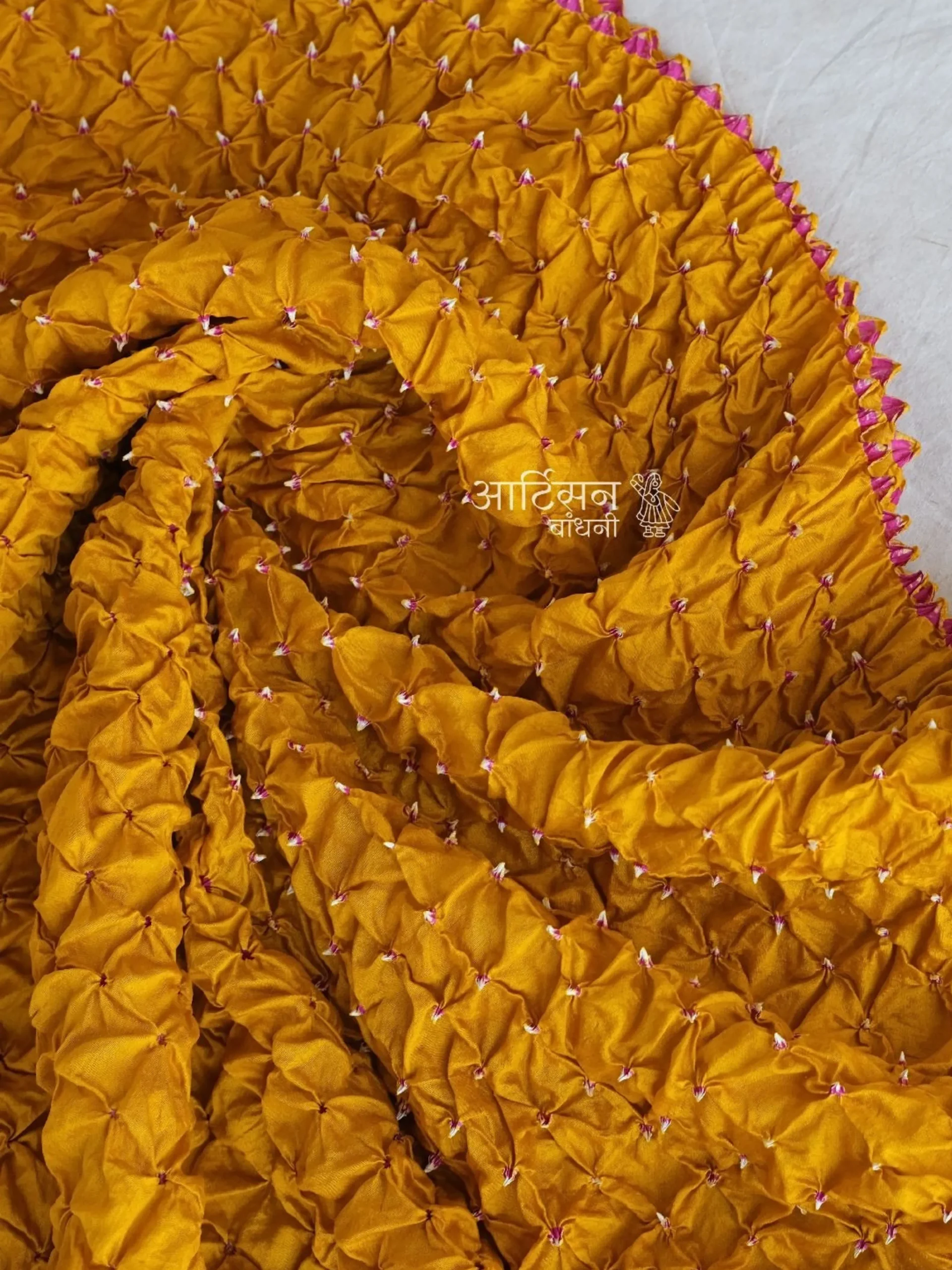 Saffron Gold Chiniya Silk - Heritage Hand-Tied Micro-Dana Bandhani