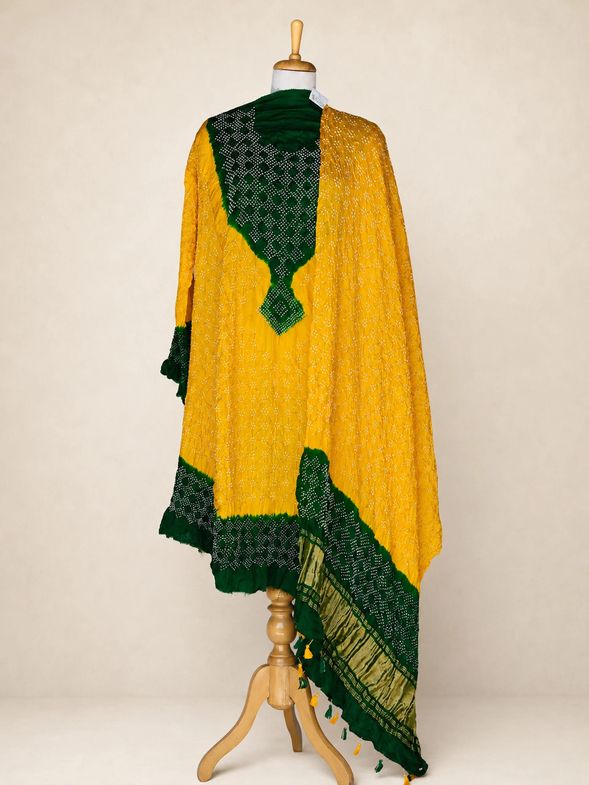 Rann Ujas – Handcrafted Pure Gaji Silk Bandhani Aabha | Green & Yellow