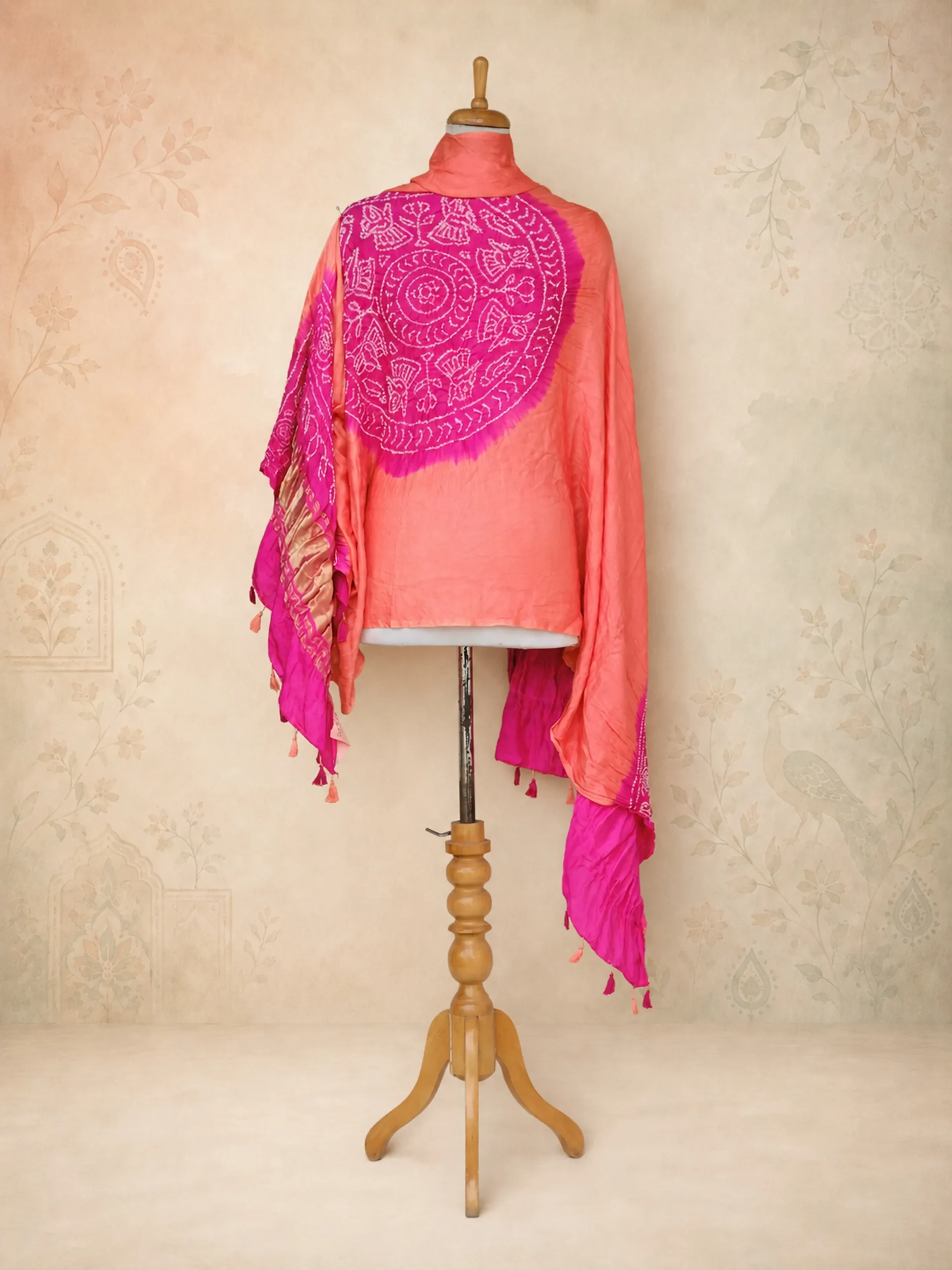 Traditional Shades of Orange & Pink Gaji Silk Dupatta for Regal Layering