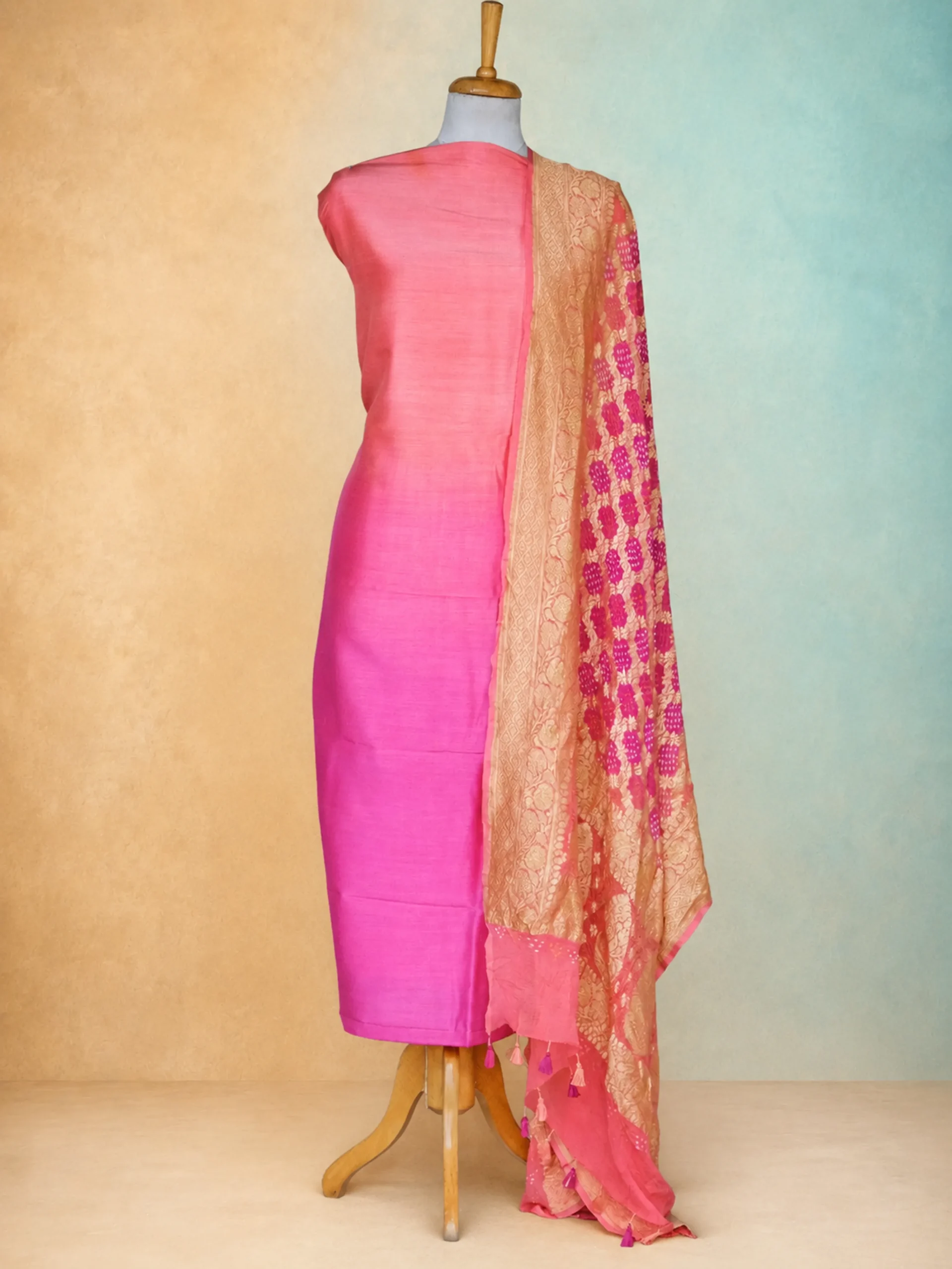 Astonishing Dual Tone Pink and Peach Pure Munga Silk Top and Dupatta Set